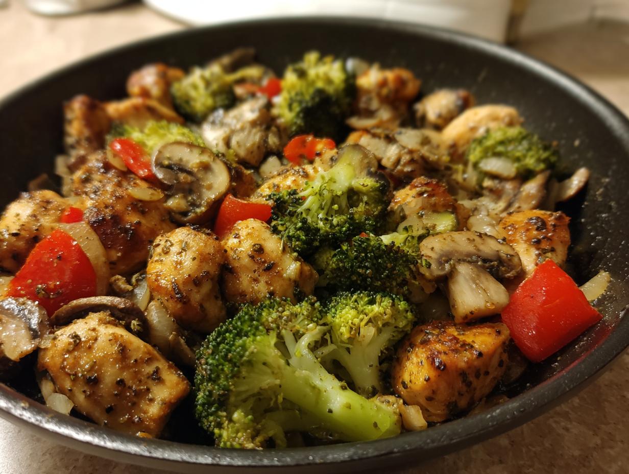 Close-up of seasoned chicken pieces with broccoli, mushrooms, and red peppers in a skillet, perfect for a One-Dish Chicken Keto Dinner.