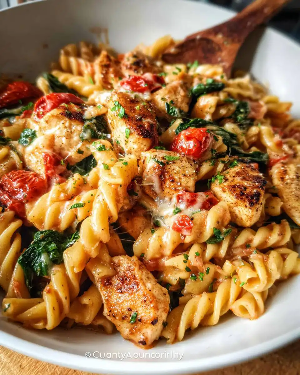 A close-up of One-Pan Healthy Chicken Pasta featuring fusilli, seared chicken pieces, tomatoes, and spinach in a creamy sauce.