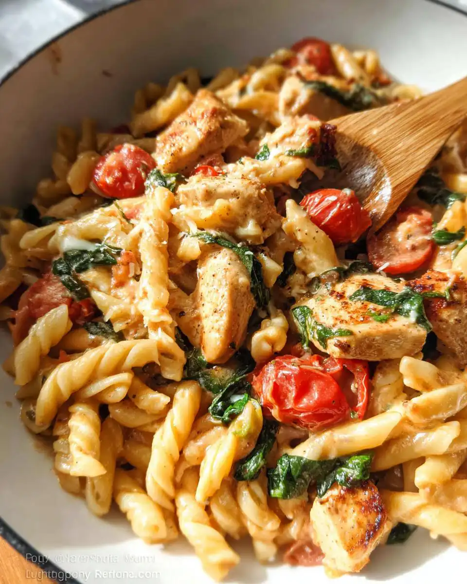 A close-up shot of creamy One-Pan Healthy Chicken Pasta mixed with cherry tomatoes and spinach, being stirred with a wooden spoon.