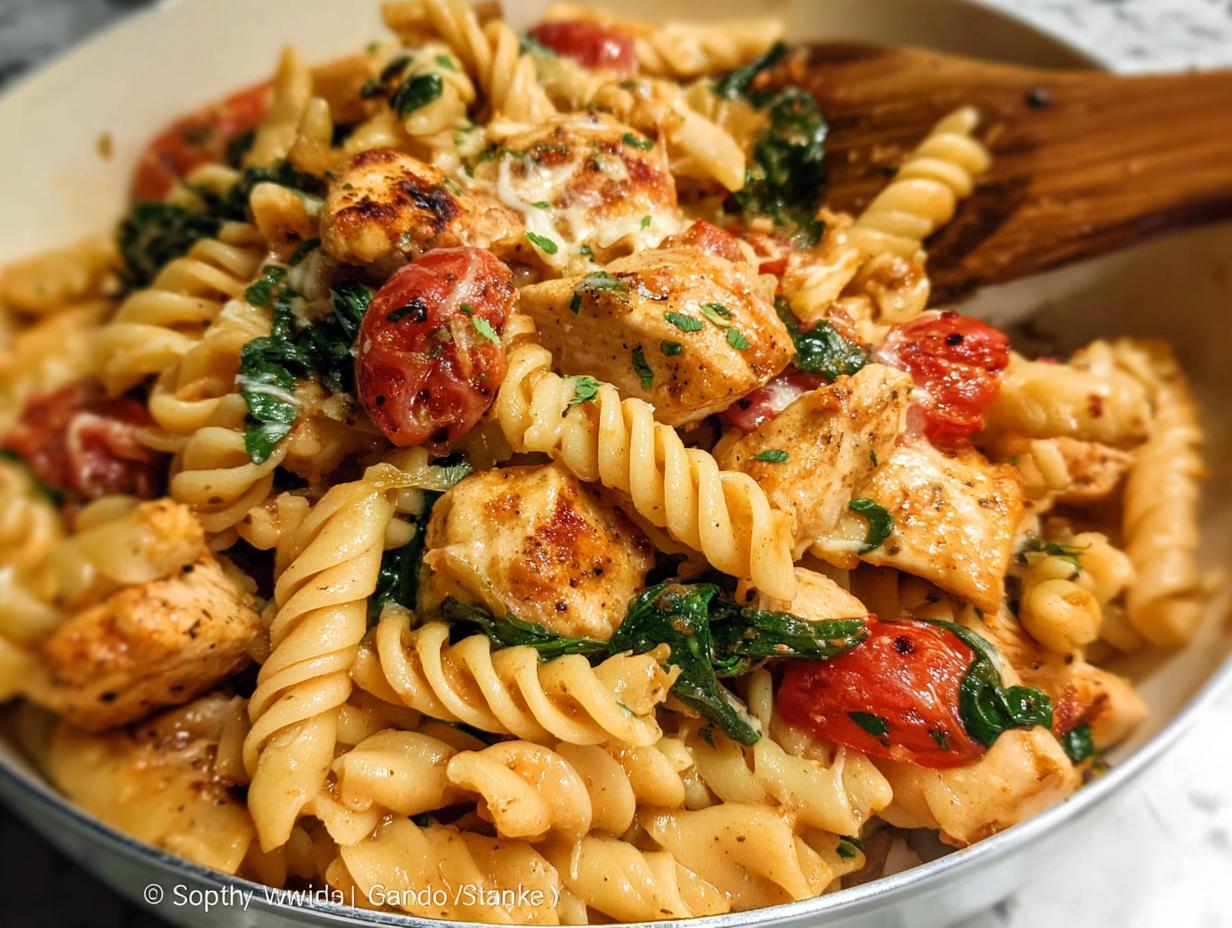 A close-up of One-Pan Healthy Chicken Pasta featuring fusilli, seared chicken chunks, cherry tomatoes, and spinach.