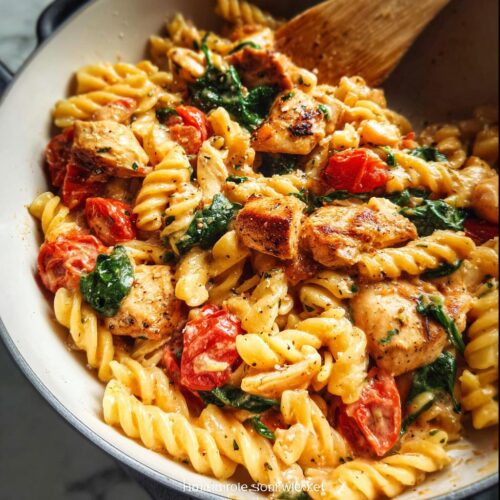 Close-up of creamy One-Pan Healthy Chicken Pasta with cherry tomatoes and spinach in a skillet.