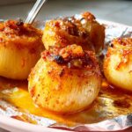 Four whole onions baked until tender, seasoned generously with Old Bay Seasoning and sitting in savory juices.