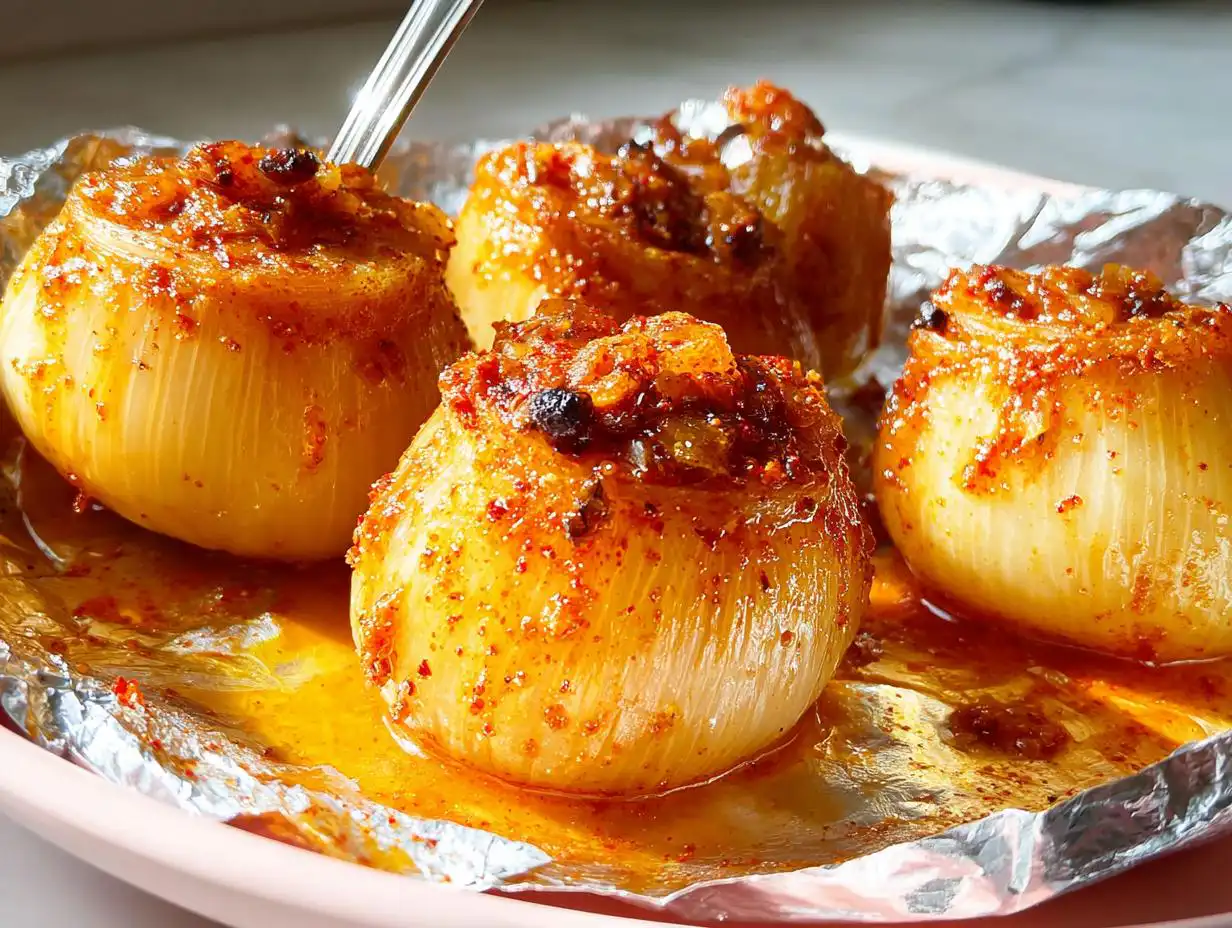 Four whole onions baked until tender, seasoned generously with Old Bay Seasoning and sitting in savory juices.