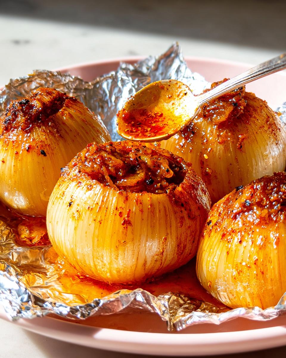 Four baked onions seasoned with Old Bay seasoning, one being basted with sauce.
