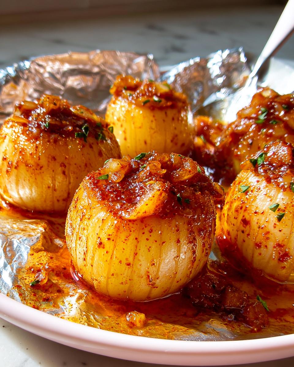 Four whole onions cooked and seasoned, served in a foil packet, ready for an Onion Boil with Old Bay Seasoning.