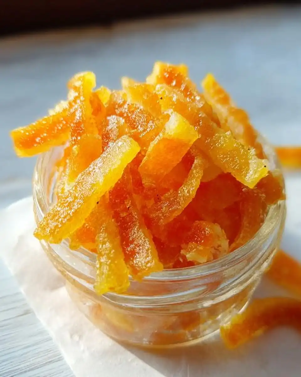 Close-up of bright orange, sugared strips of Orange and Lime Mixed Peel in a small glass jar.