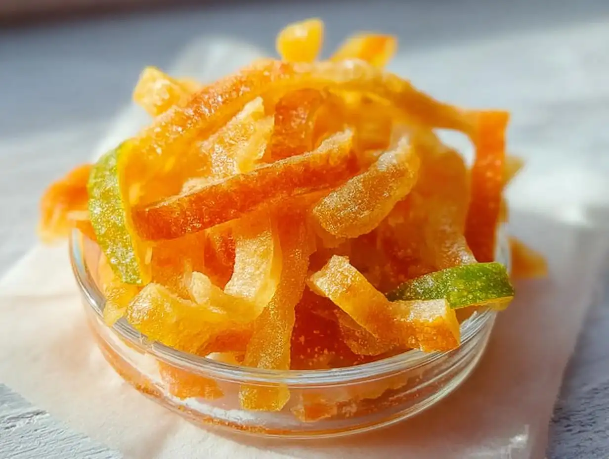 Close-up of candied Orange and Lime Mixed Peel strips, glistening with sugar, piled in a small glass bowl.