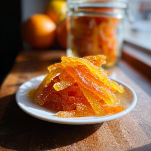 A pile of glistening, sugared Orange Lemon Grapefruit Mixed Peel strips on a small white plate.