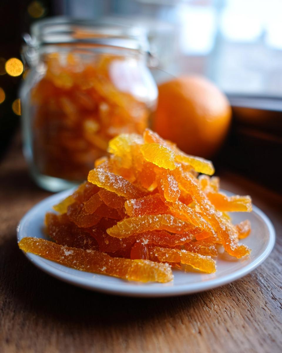A pile of glistening, sugar-coated Orange Lemon Grapefruit Mixed Peel strips served on a small white plate.