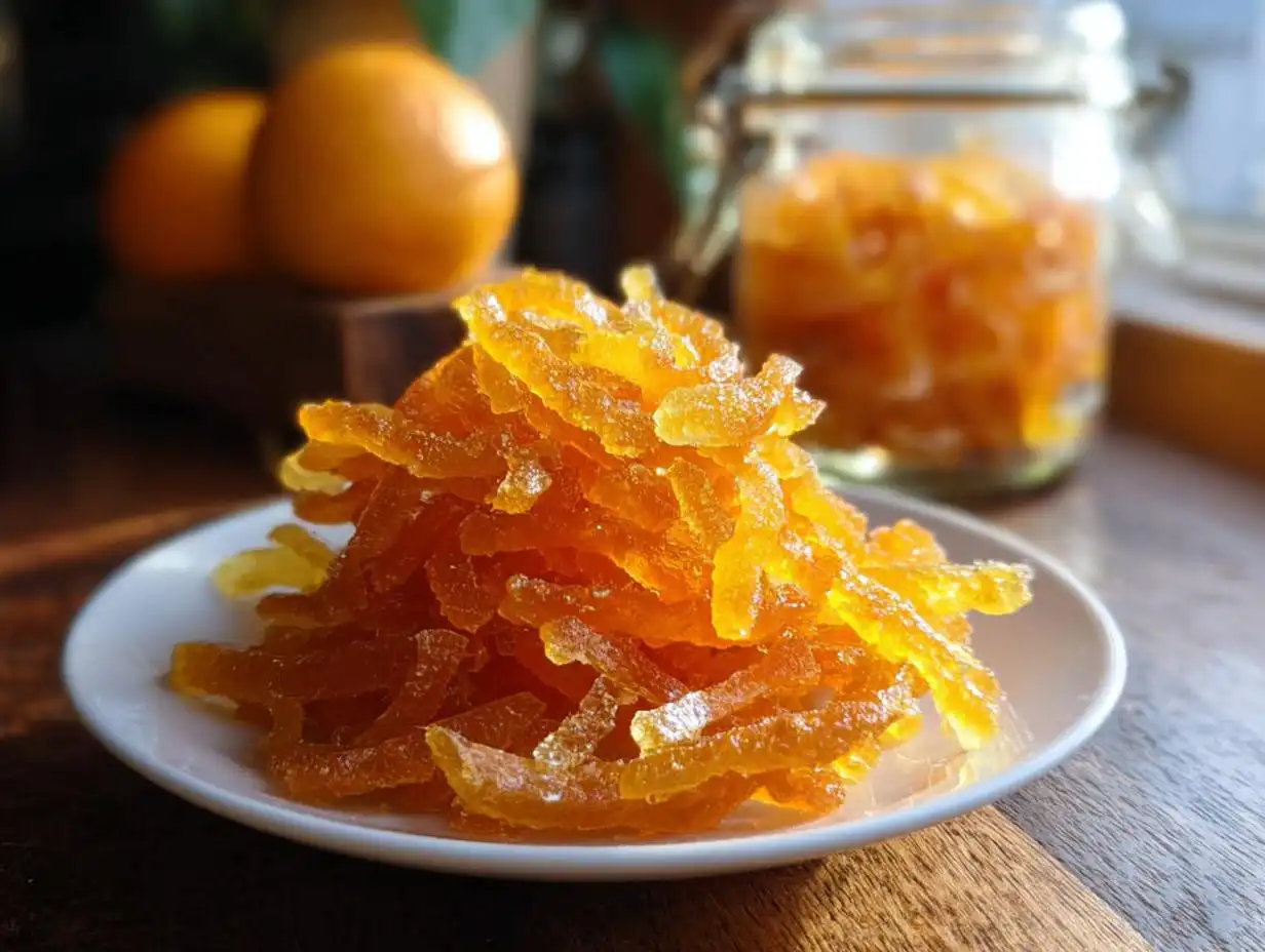 A pile of glistening, candied Orange Lemon Grapefruit Mixed Peel strips dusted with sugar on a white plate.