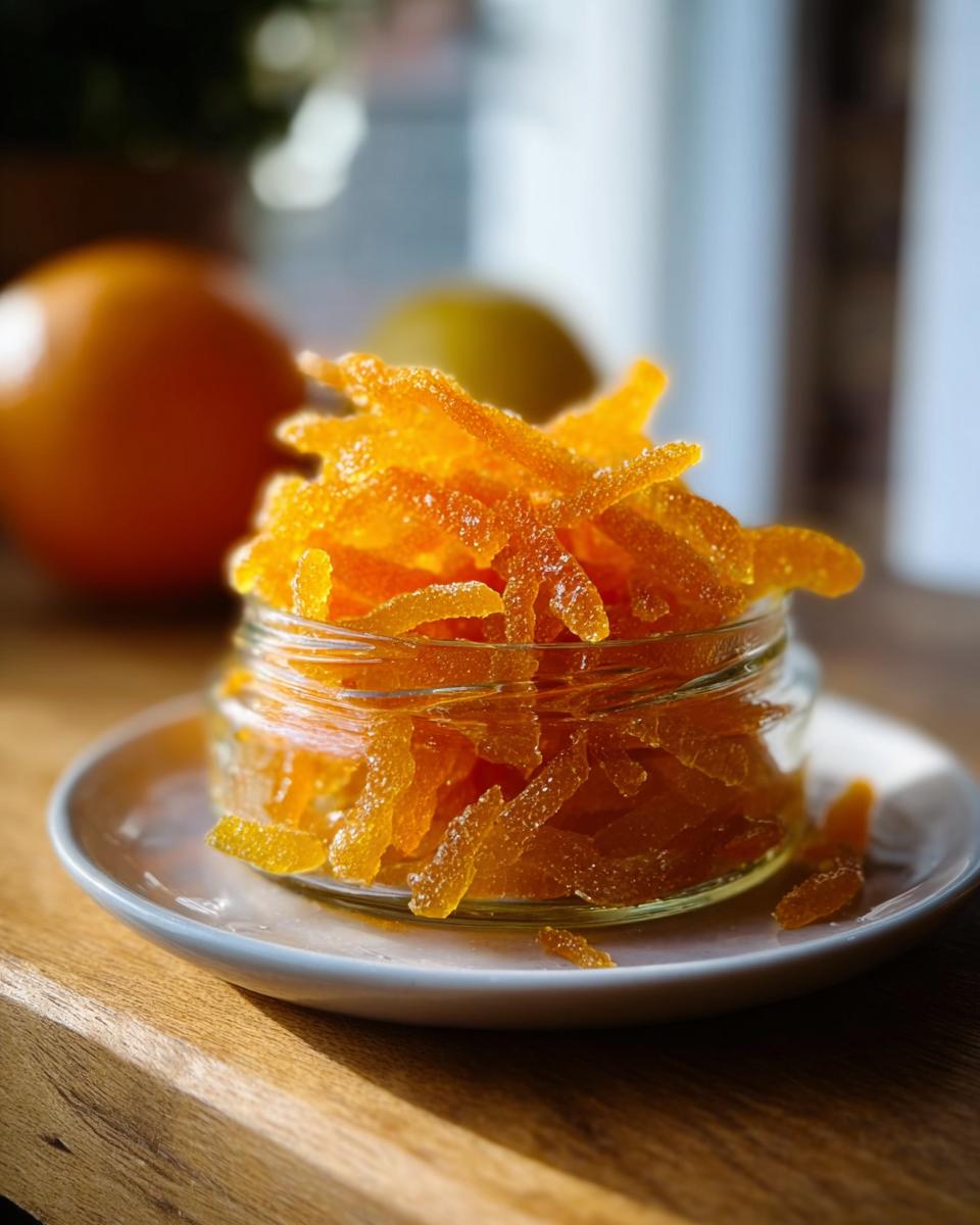 Close-up of sparkling Orange Lemon Grapefruit Mixed Peel strips piled high in a small glass jar.