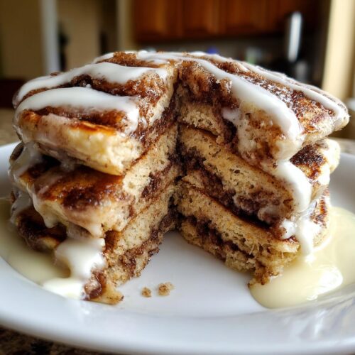 A cross-section view of a stack of Pancakes That Taste Like Cinnamon Rolls, drizzled with white icing.