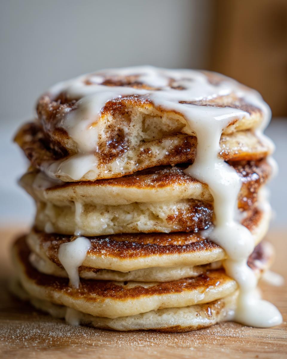 A tall stack of fluffy Pancakes That Taste Like Cinnamon Rolls drizzled with thick white icing.