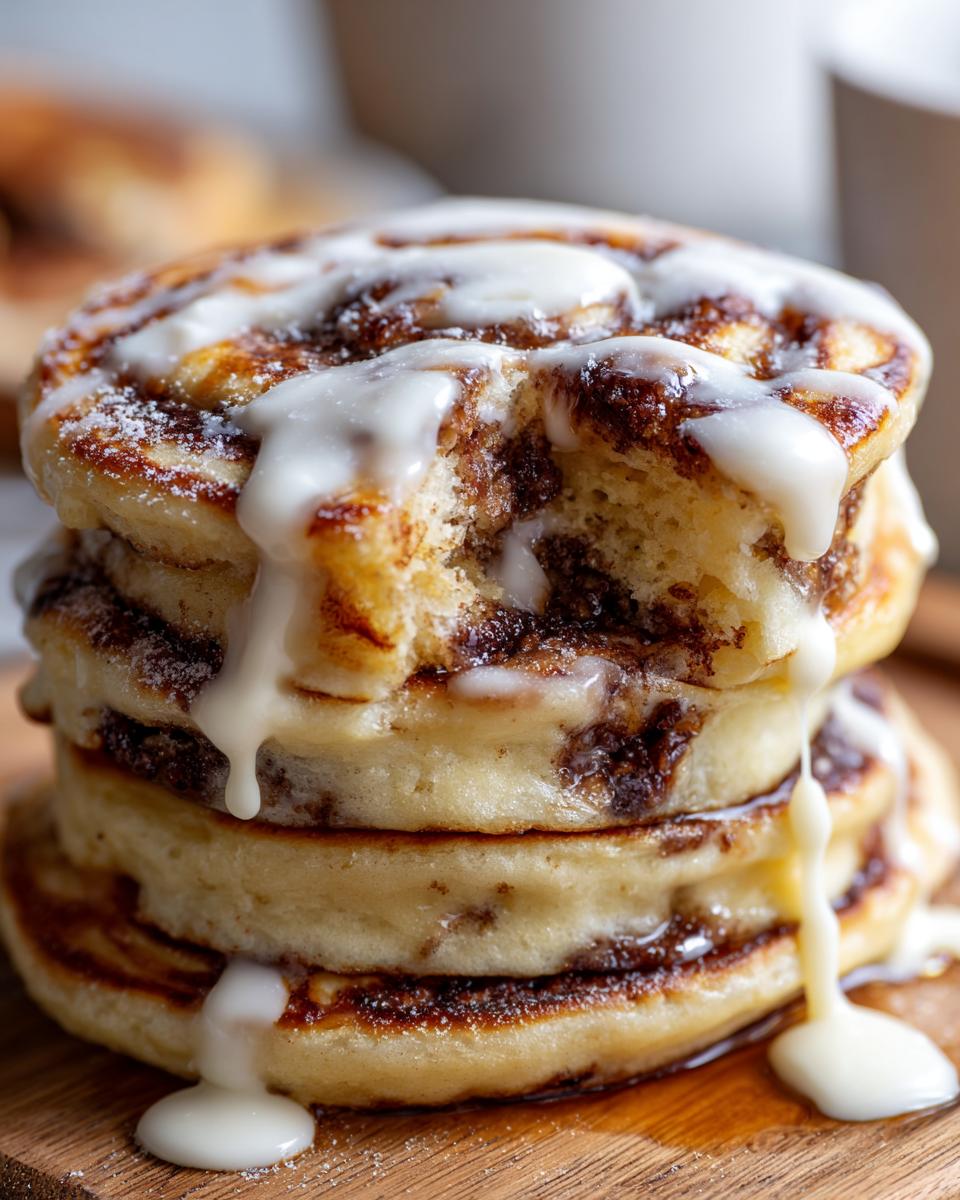 Close-up of a stack of Pancakes That Taste Like Cinnamon Rolls drizzled with white icing.