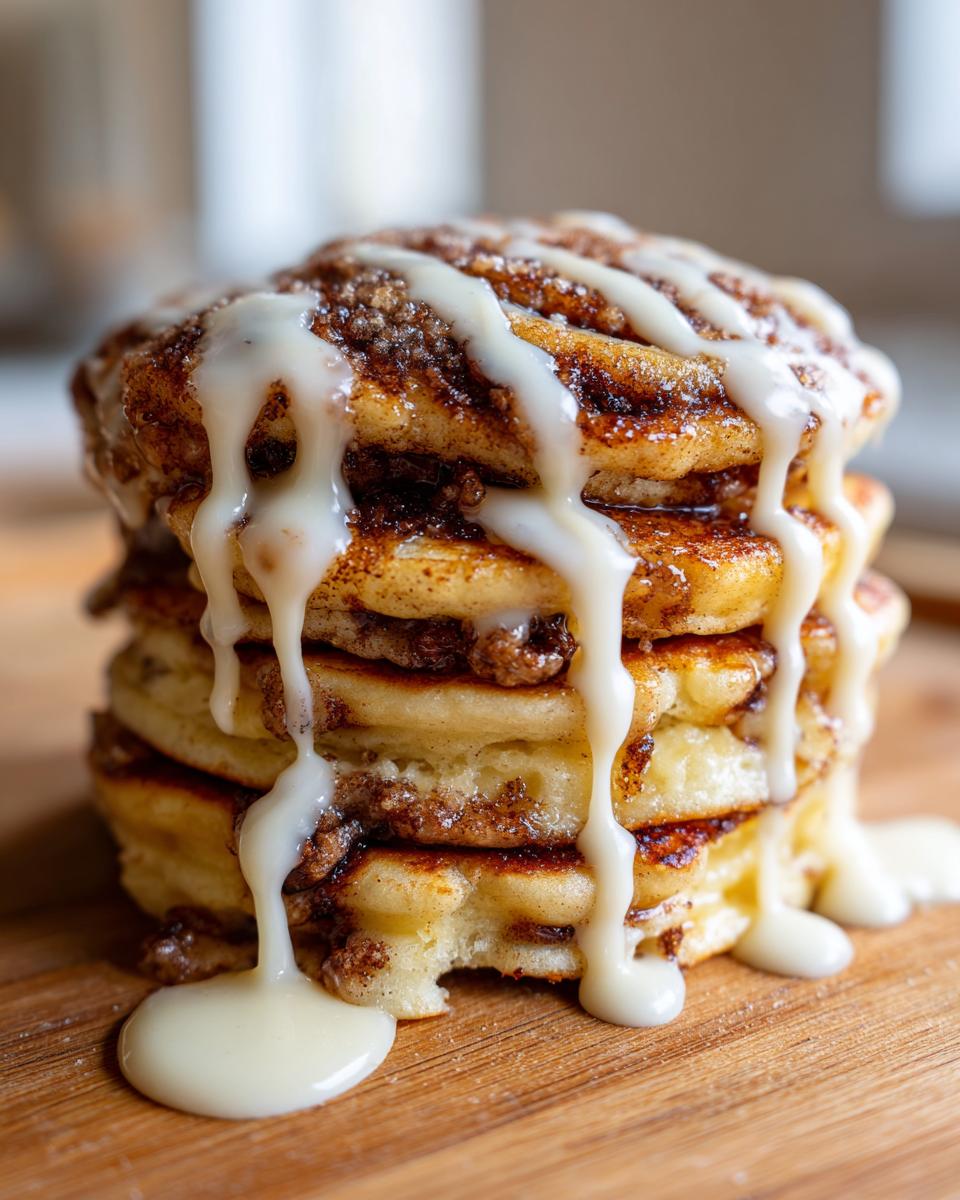 A tall stack of fluffy Pancakes That Taste Like Cinnamon Rolls, drizzled heavily with white cream cheese icing.