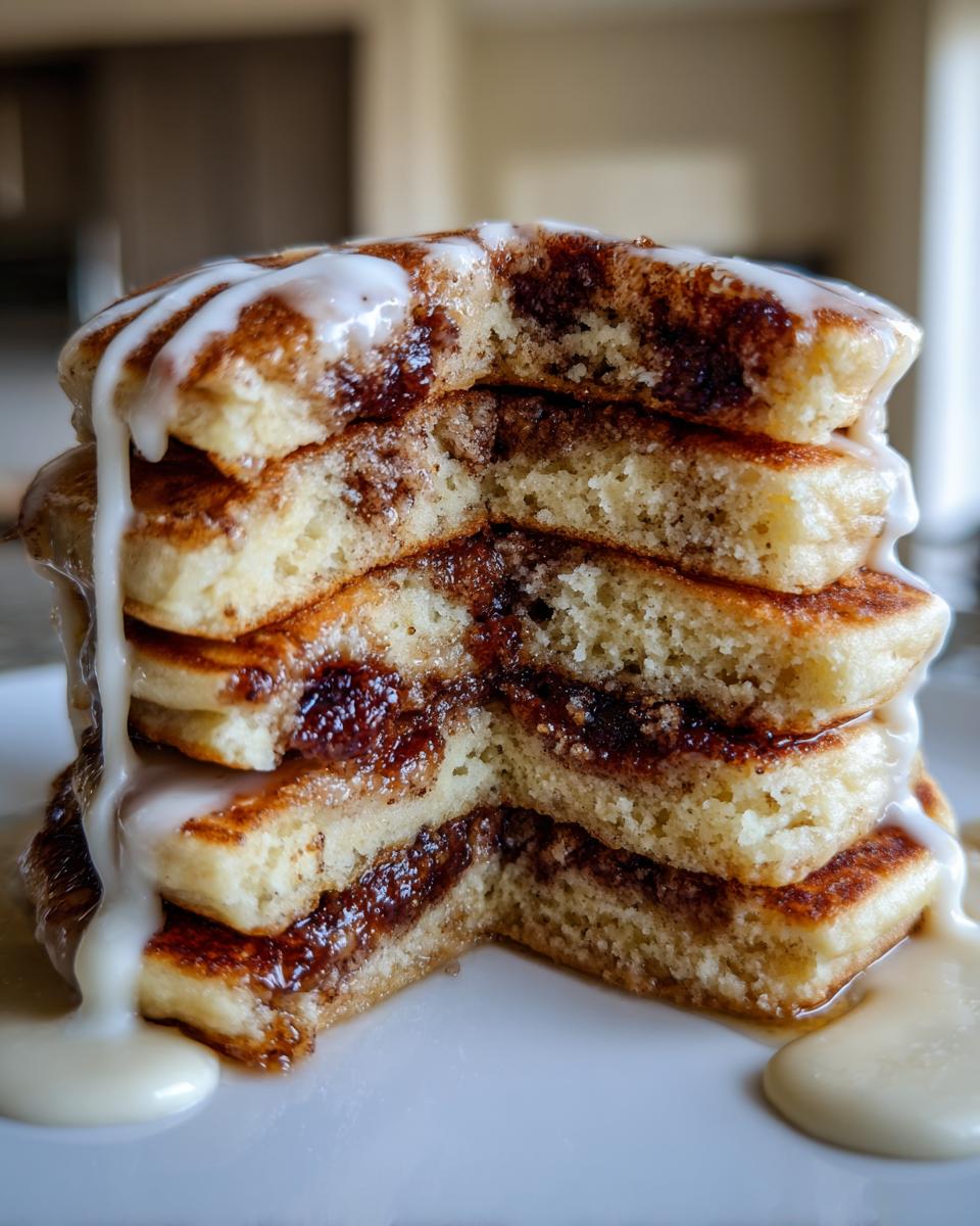 Cross-section of a stack of Pancakes That Taste Like Cinnamon Rolls, showing cinnamon filling and cream cheese glaze.