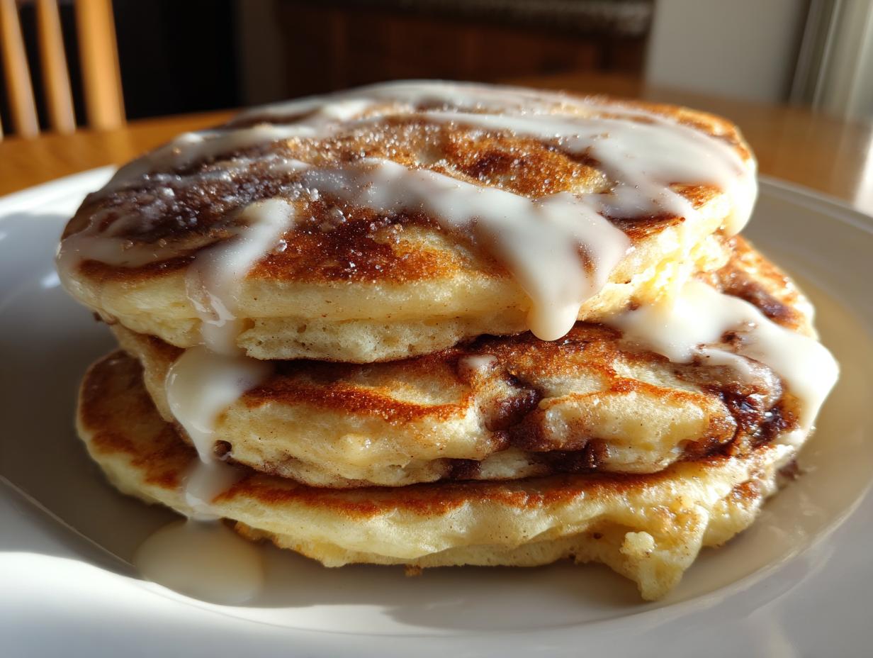 A close-up stack of three fluffy pancakes swirled with cinnamon and drizzled with cream cheese icing, resembling Pancakes That Taste Like Cinnamon Rolls.