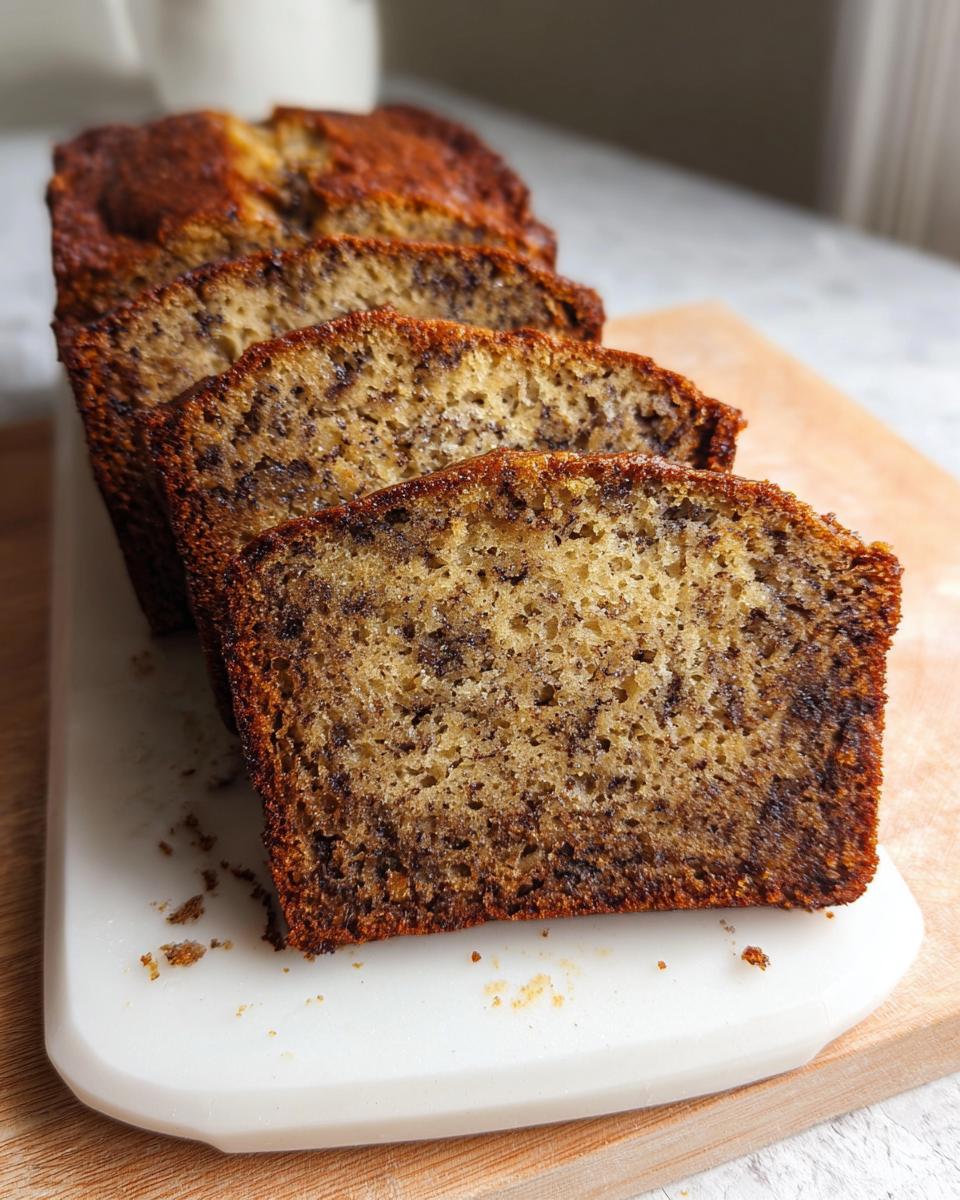 Four thick slices of moist banana bread showing a dense, speckled crumb texture.
