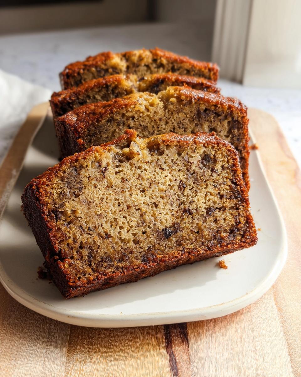Close-up of four slices of Perfect Moist Banana Bread showing a tender, moist crumb texture.
