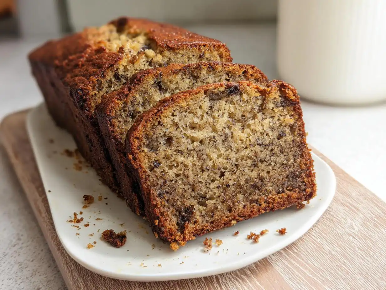 Close-up of a loaf of Perfect Moist Banana Bread, sliced to show its moist texture, served on a white plate.
