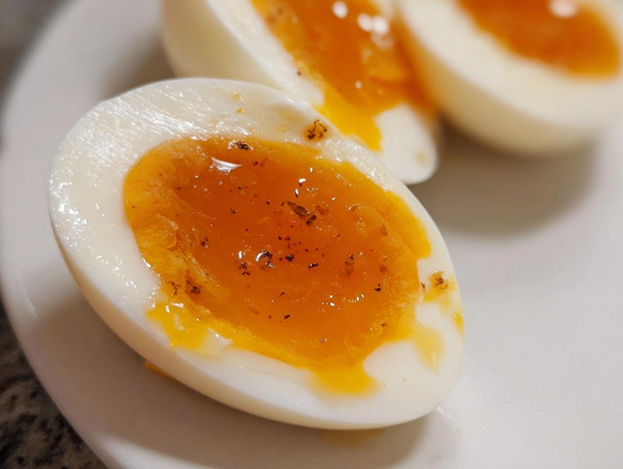 Close-up of a halved Soft Boiled Eggs with Jammy Centers, seasoned with pepper, showing a perfectly cooked white and gooey yolk.