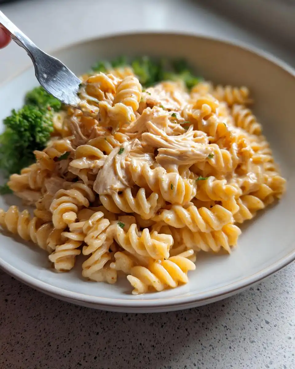A fork lifting a bite of creamy Protein-Packed Chicken Pasta made with rotini noodles and shredded chicken.