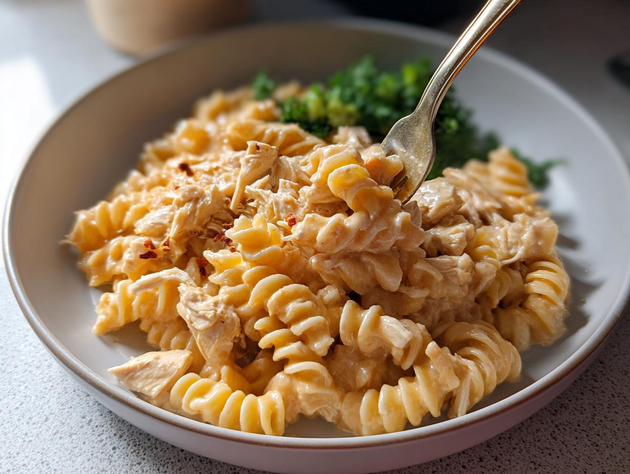 Close-up of a bowl of Protein-Packed Chicken Pasta featuring rotini noodles and shredded chicken in a creamy sauce, with a fork lifting a bite.