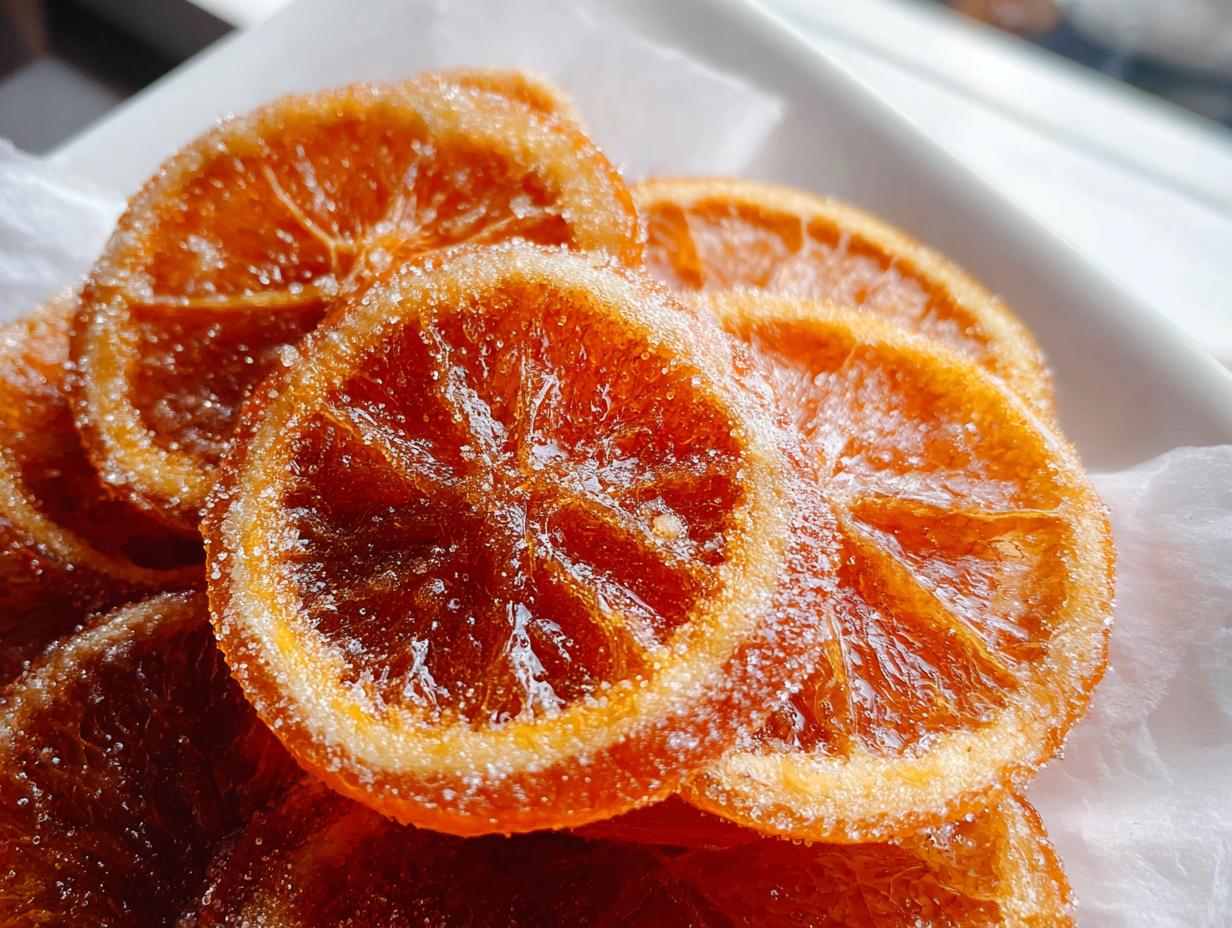 Close-up of glistening, deep orange Candied Orange Slices with Brown Sugar coated in sparkling sugar crystals.