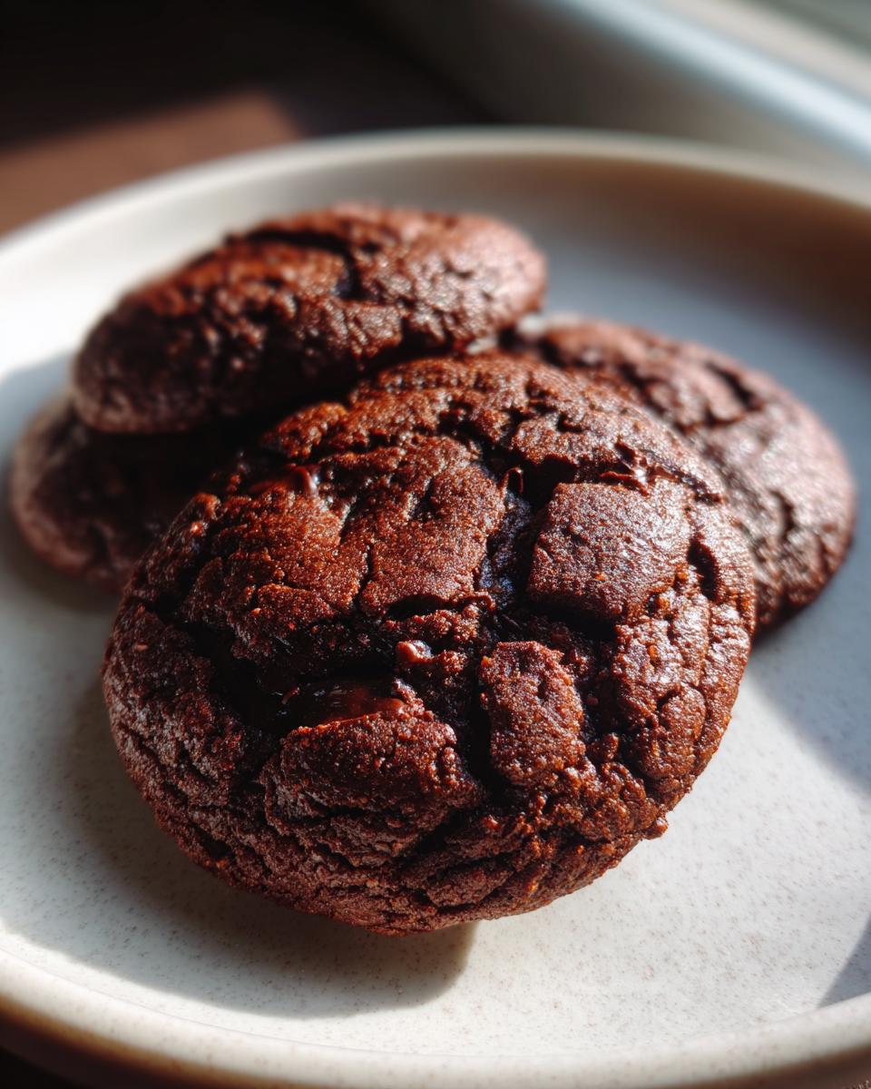 Close-up of three dark, rich Chocolate Fudge Cookies stacked on a light-colored plate.