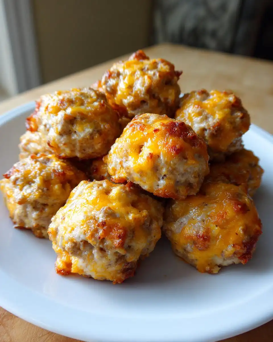 A pile of baked Rotel Sausage Balls with Bisquick, topped with melted, golden cheddar cheese, served on a white plate.