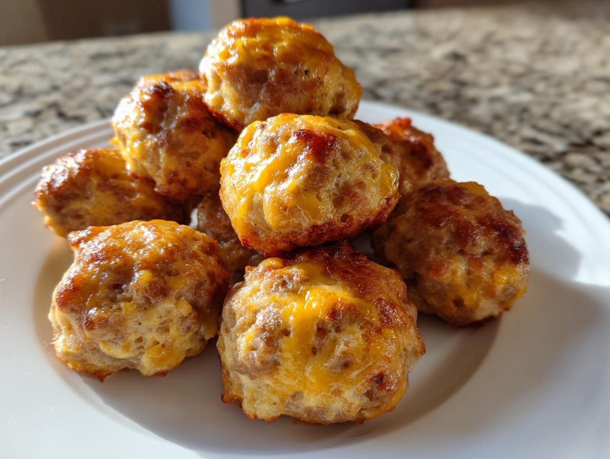 A stack of golden-brown Rotel Sausage Balls with Bisquick, topped with melted cheese, served on a white plate.