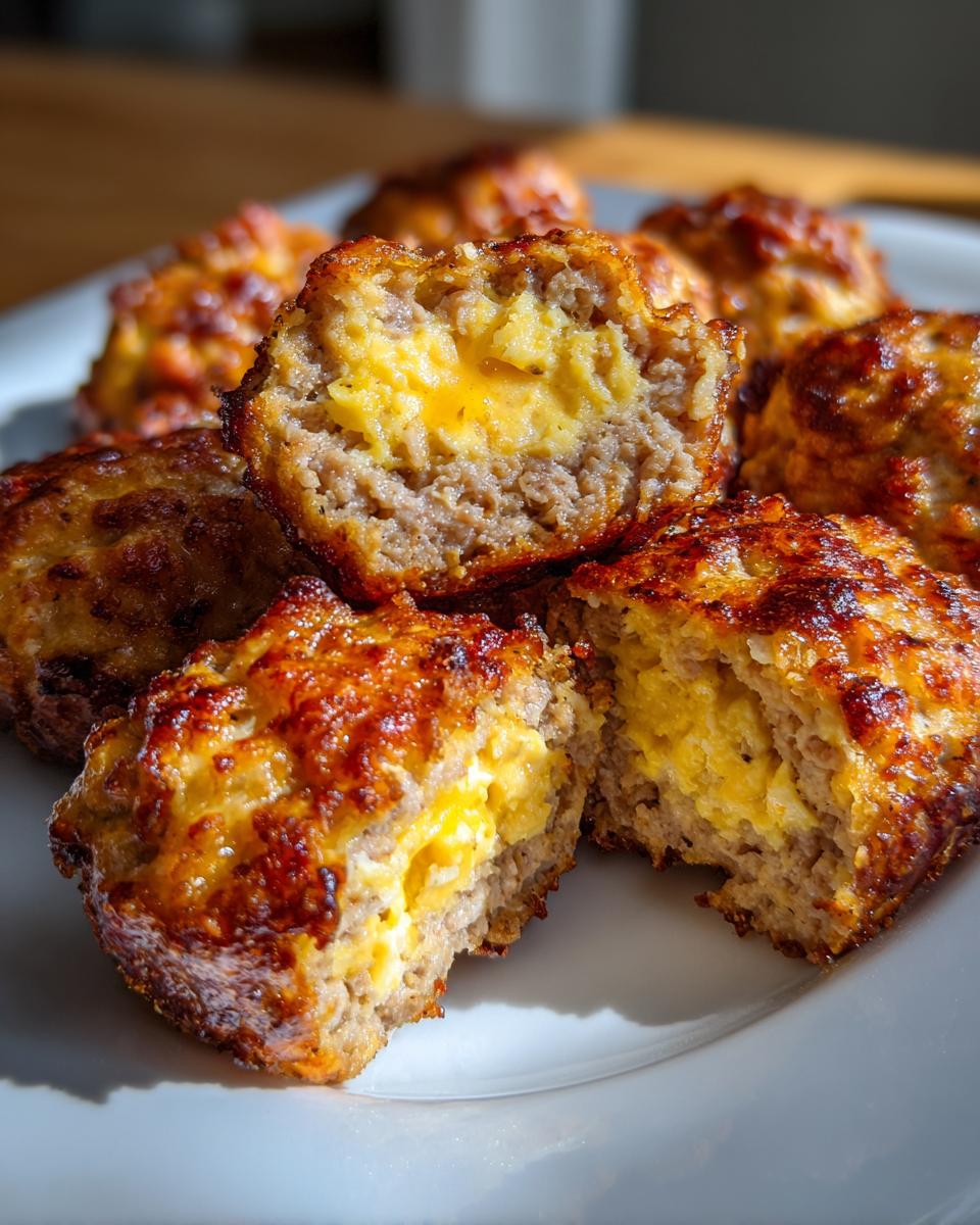 Close-up of Rotel Sausage Balls with Cheddar, one cut open revealing a gooey, melted cheese center.