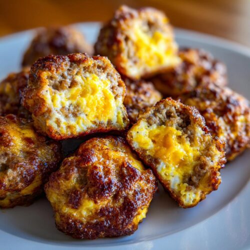 Close-up of baked Rotel Sausage Balls with Cheddar, showing the savory sausage exterior and melted yellow cheese center.