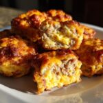 A pile of golden brown Rotel Sausage Balls with Cheddar on a white plate, with one ball cut in half showing the savory sausage and cheese interior.
