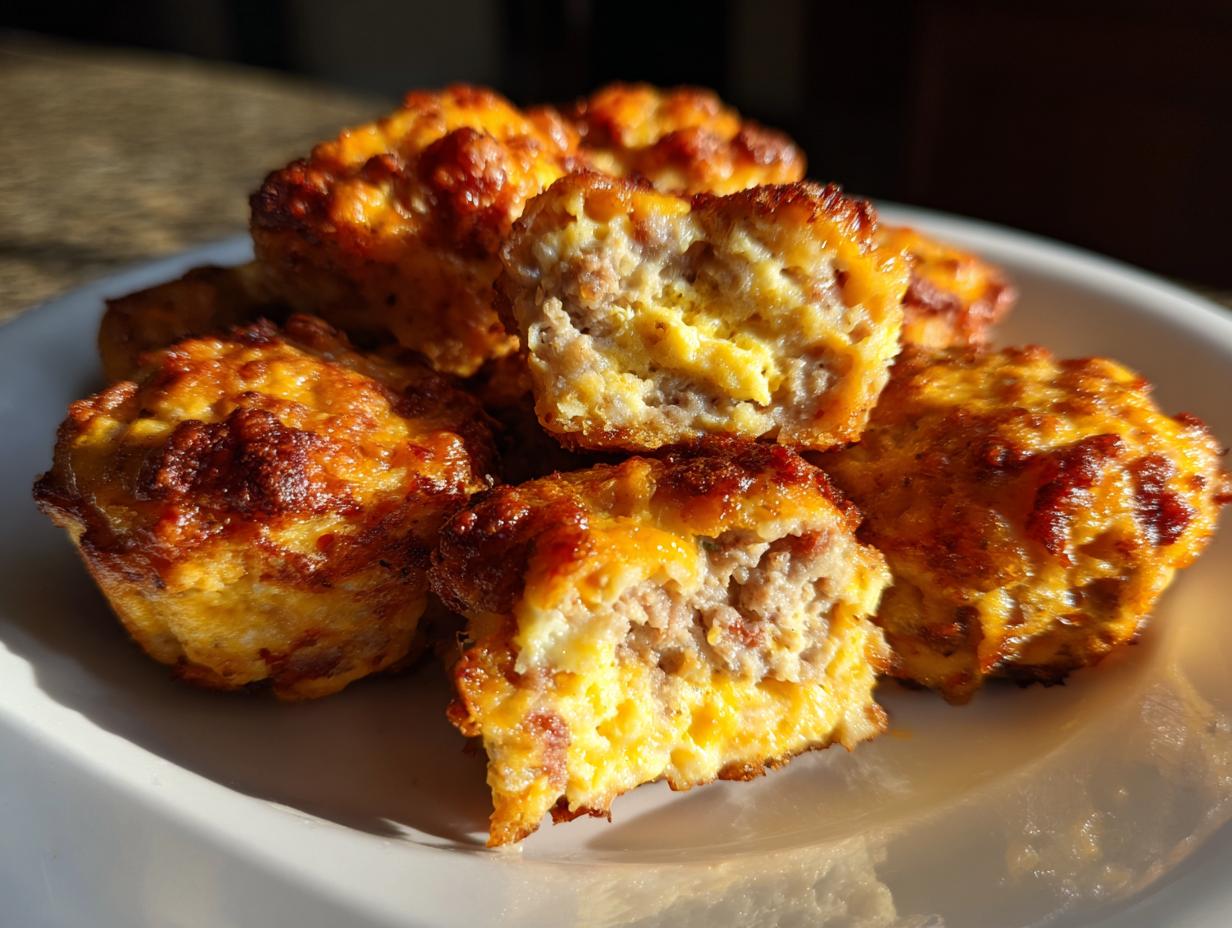 A pile of golden brown Rotel Sausage Balls with Cheddar on a white plate, with one ball cut in half showing the savory sausage and cheese interior.
