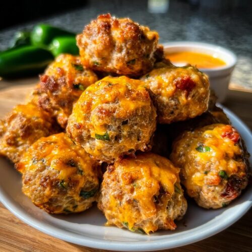 A stack of freshly baked Rotel Sausage Balls with Jalapeños, topped with melted cheddar cheese, served on a white plate.