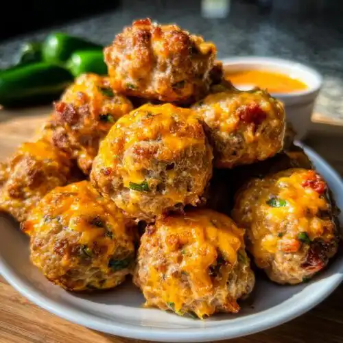 A stack of freshly baked Rotel Sausage Balls with Jalapeños, topped with melted cheddar cheese, served on a white plate.