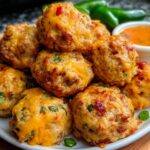 A close-up of golden brown Rotel Sausage Balls with Jalapeños, topped with melted cheese, served with dipping sauce.