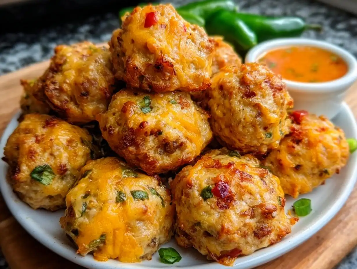 A close-up of golden brown Rotel Sausage Balls with Jalapeños, topped with melted cheese, served with dipping sauce.