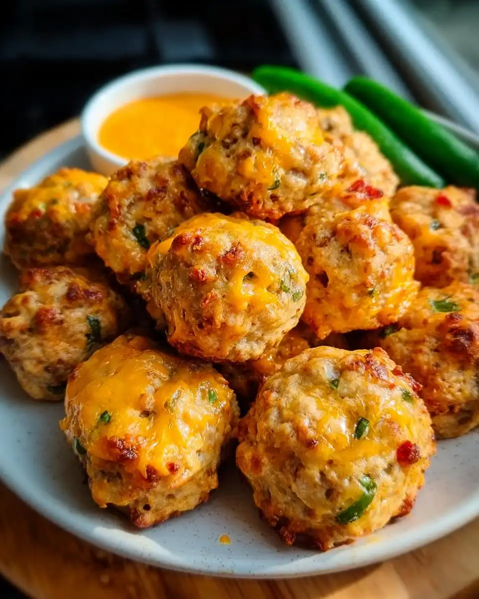 A close-up of baked Rotel Sausage Balls with Jalapeños piled on a plate with a side of cheese dip.