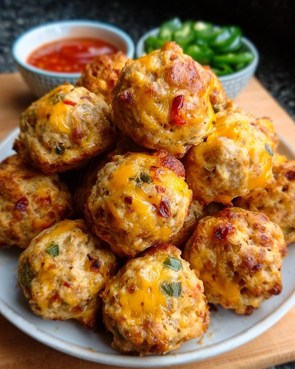 A pile of baked Rotel Sausage Balls with Jalapeños topped with melted cheddar cheese.