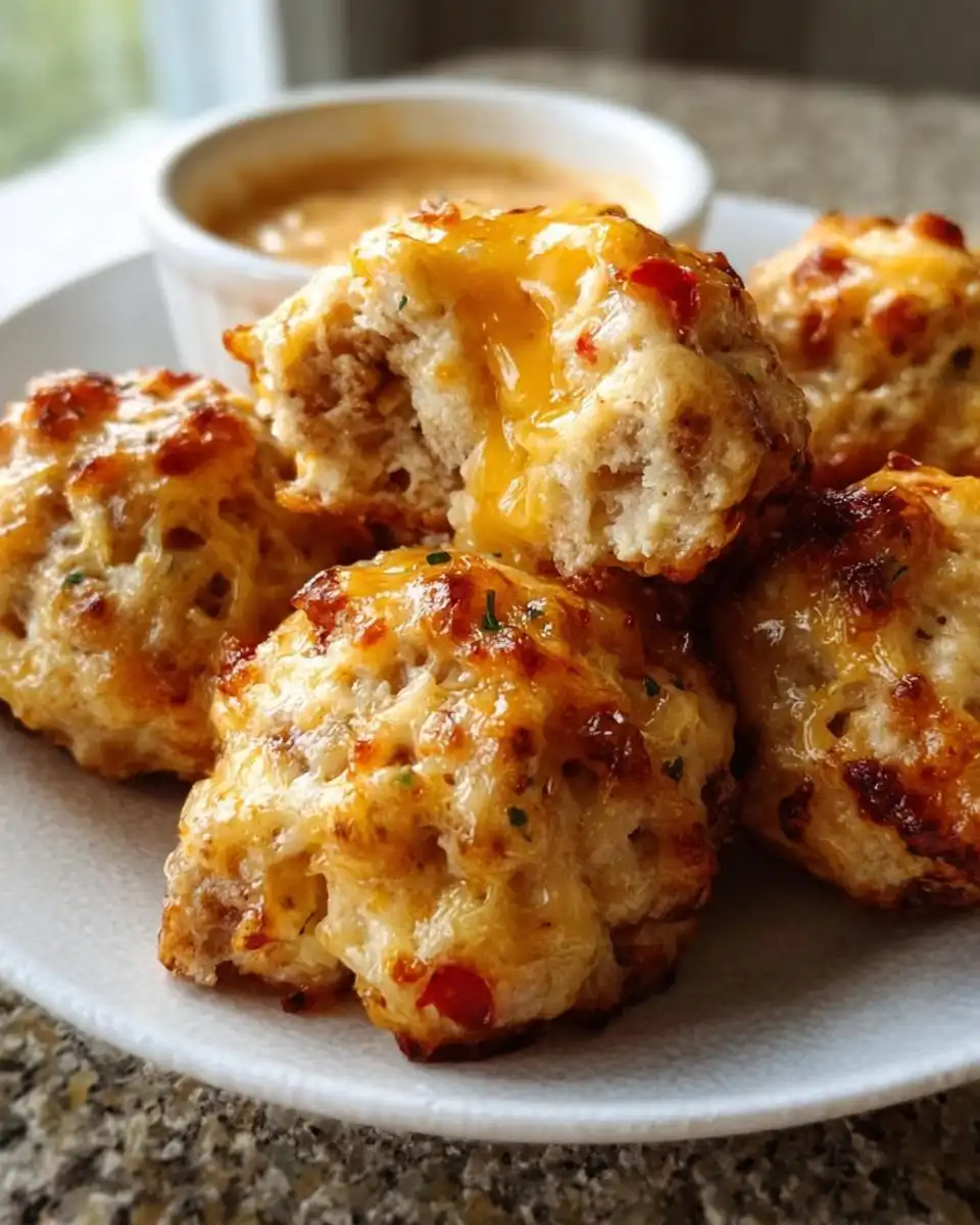 Close-up of gooey Rotel Sausage Balls with Pepper Jack, one broken open showing melted cheese.