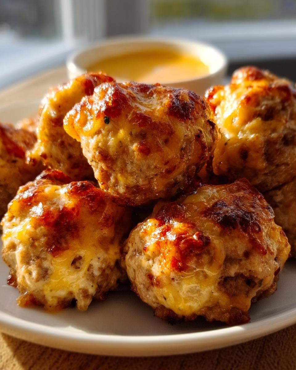 A close-up of several baked Rotel Sausage Balls with Pepper Jack, featuring a melted, browned cheese topping, served with a side of dipping sauce.