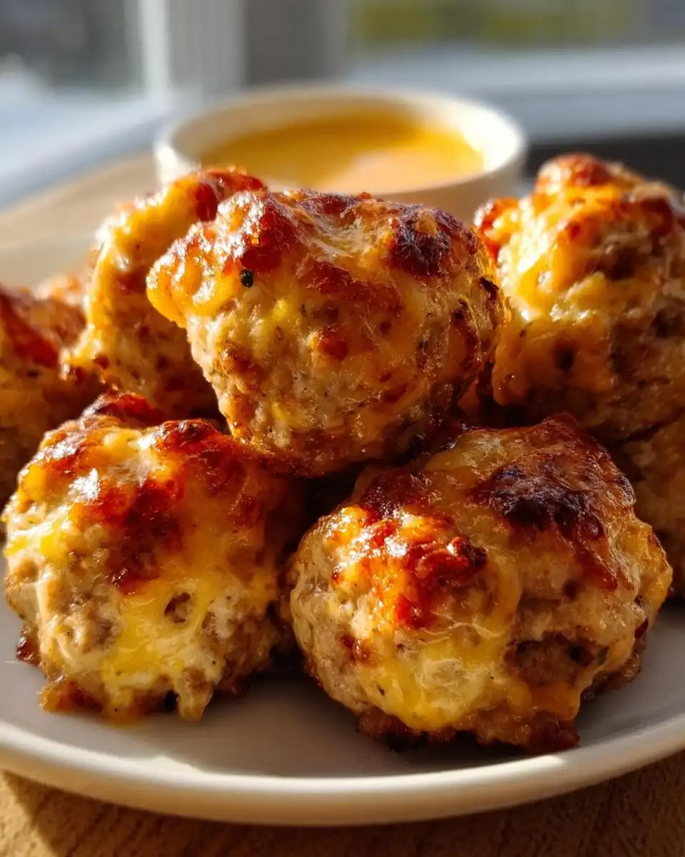 A close-up of several baked Rotel Sausage Balls with Pepper Jack, featuring a melted, browned cheese topping, served with a side of dipping sauce.