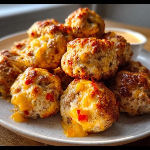 Close-up of baked Rotel Sausage Balls with Pepper Jack, showing melted cheese and red pepper pieces.
