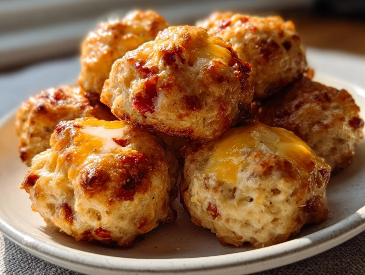 A close-up of several golden-brown Rotel Sausage Balls with Pepper Jack cheese melted on top, piled on a light plate.