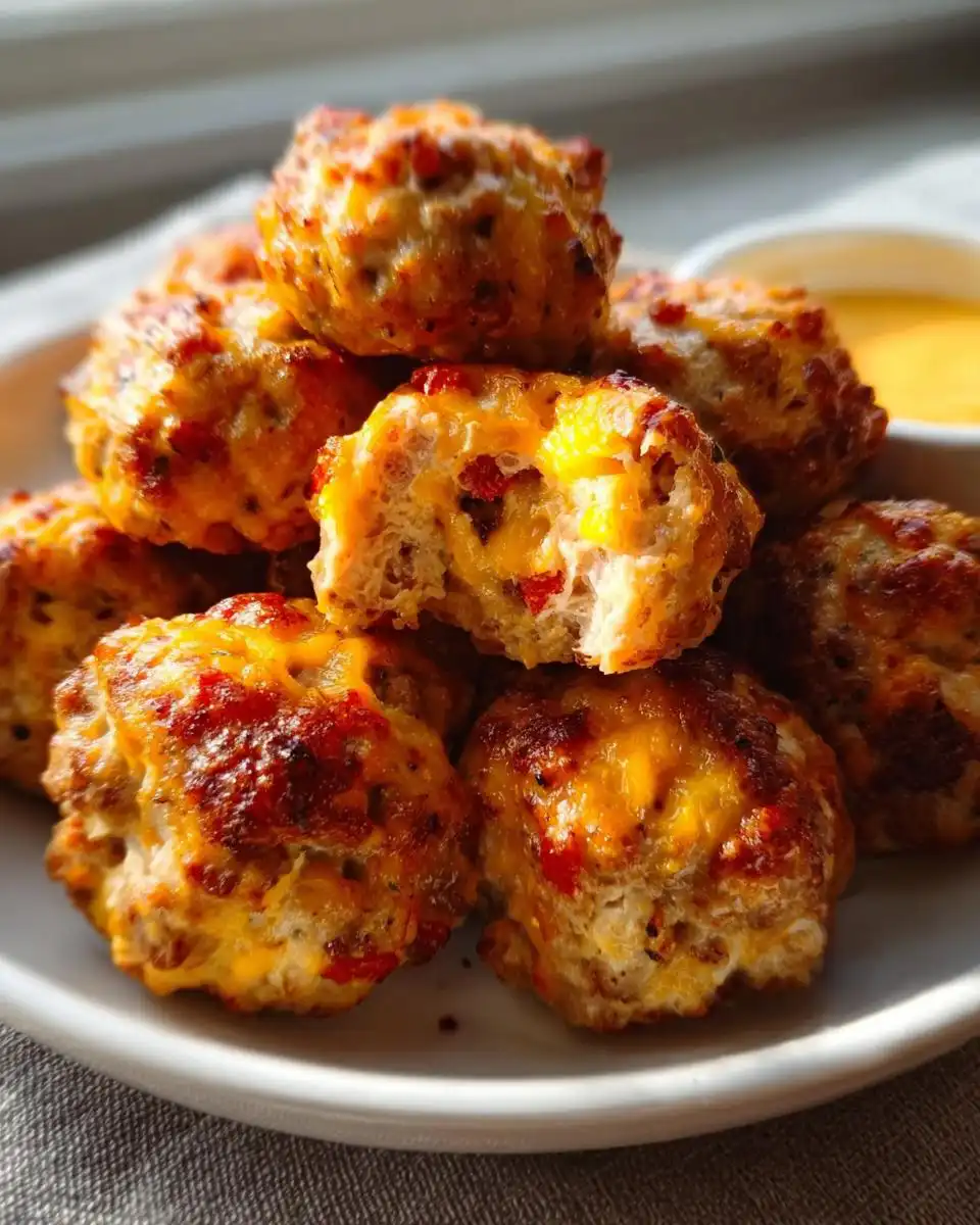 A stack of golden brown Rotel Sausage Balls with Pepper Jack, one is broken open showing melted cheese and red peppers.