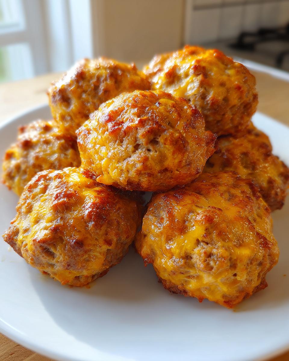 A pile of freshly baked Rotel Sausage Balls with Bisquick, featuring a golden-brown, cheesy crust.