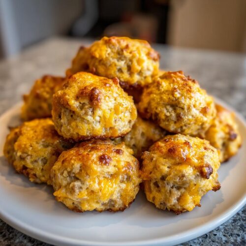 A stack of freshly baked Rotel Sausage Balls with Bisquick, topped with melted, browned cheddar cheese, served on a white plate.