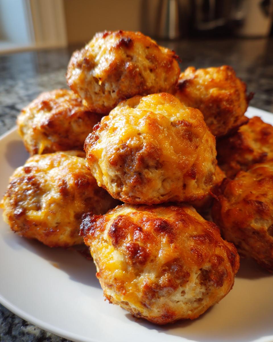 A stack of golden-brown Rotel Sausage Balls with Bisquick, featuring melted, browned cheese topping.